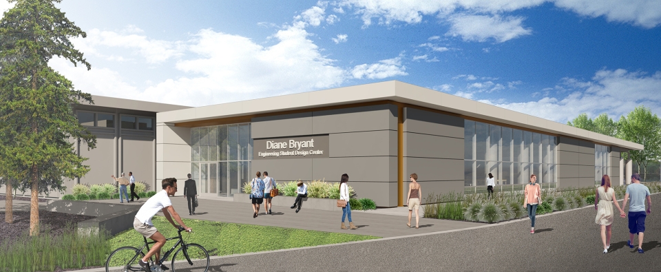 Artist Rendering of the Engineering Student Design Center. A gray, one-story building with blue skies above and people walking around outside it.