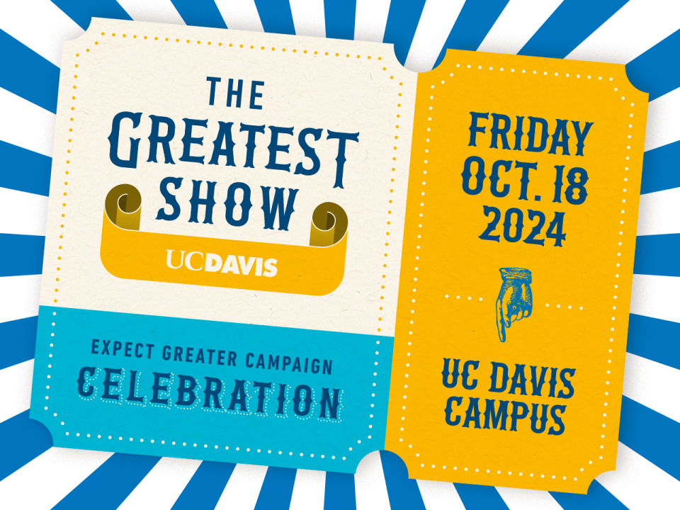 Graphic design of an event ticket. It is divided into two sections with a perforated line suggesting it can be torn into two parts. Text: THE GREATEST SHOW UCDavis EXPECT GREATER CAMPAIGN CELEBRATION FRIDAY OCT. 18 2024 Illustration of a hand pointing a finger towards the words UC DAVIS CAMPUS.